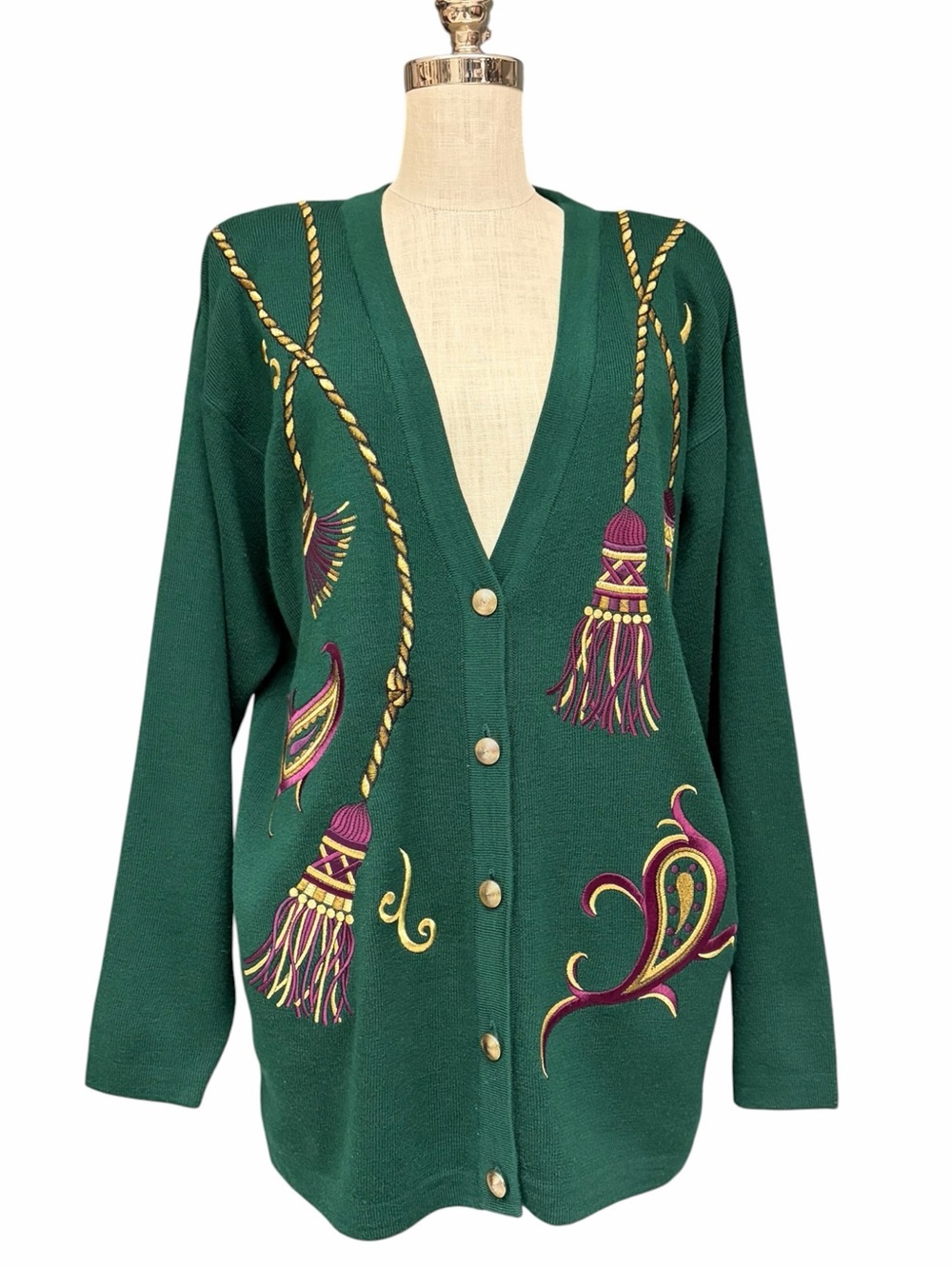 Vintage Casual Corner Embroidered Tassel Cardigan Sweater Medium